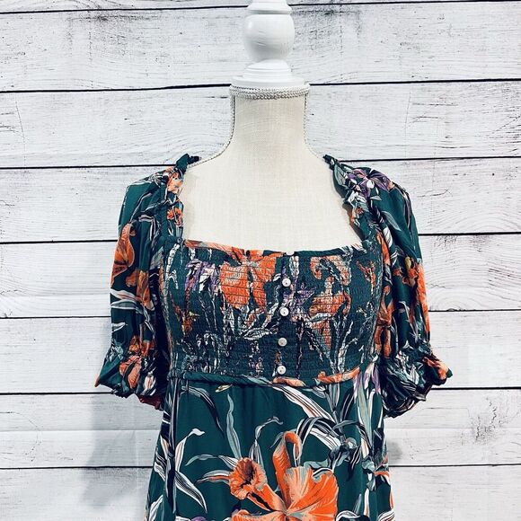Anthropologie Puff Sleeve Smocked Floral Midi Dress Size Small Tropical - Picture 4 of 11